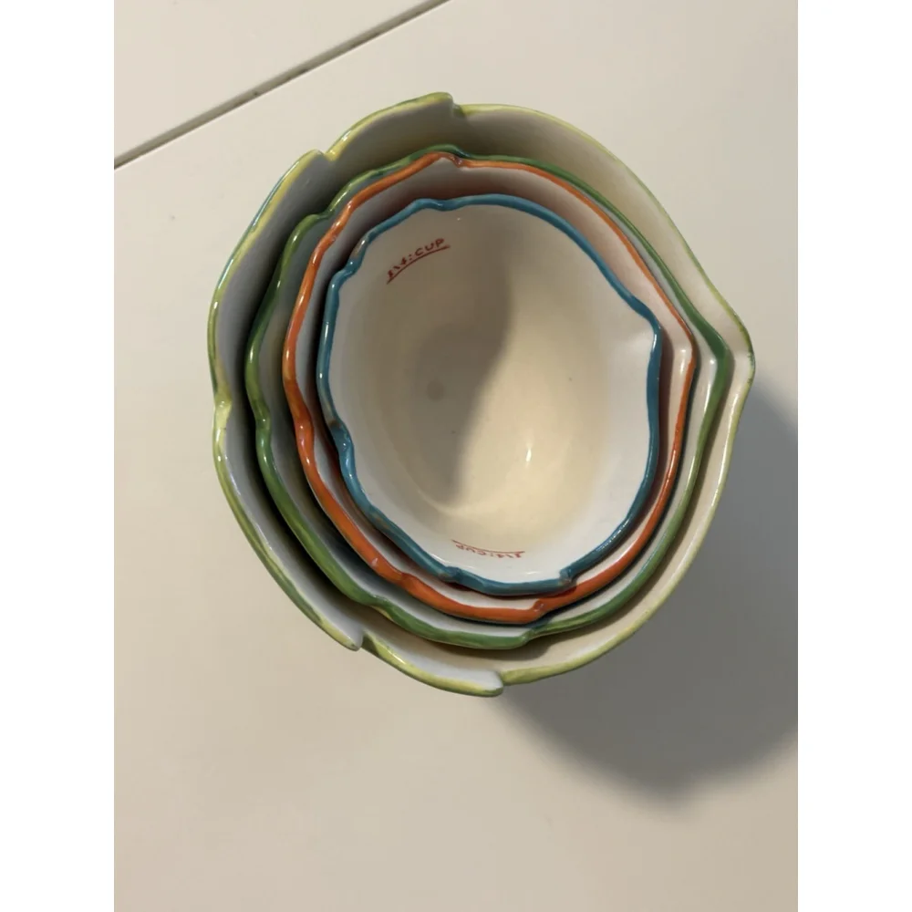 Pier 1 Imports Hand Painted Owl Measuring Cups Set 4 Stoneware Colorful Vintage